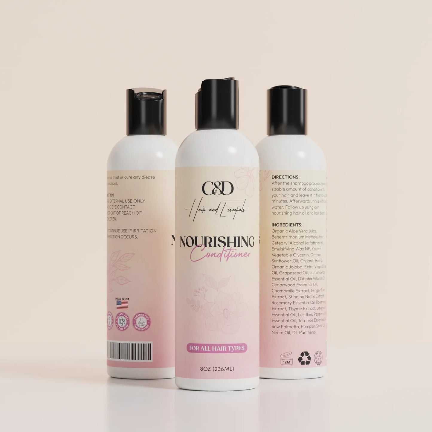 C&D Nourishing Conditioner bottle for all hair types, enriched with botanical ingredients