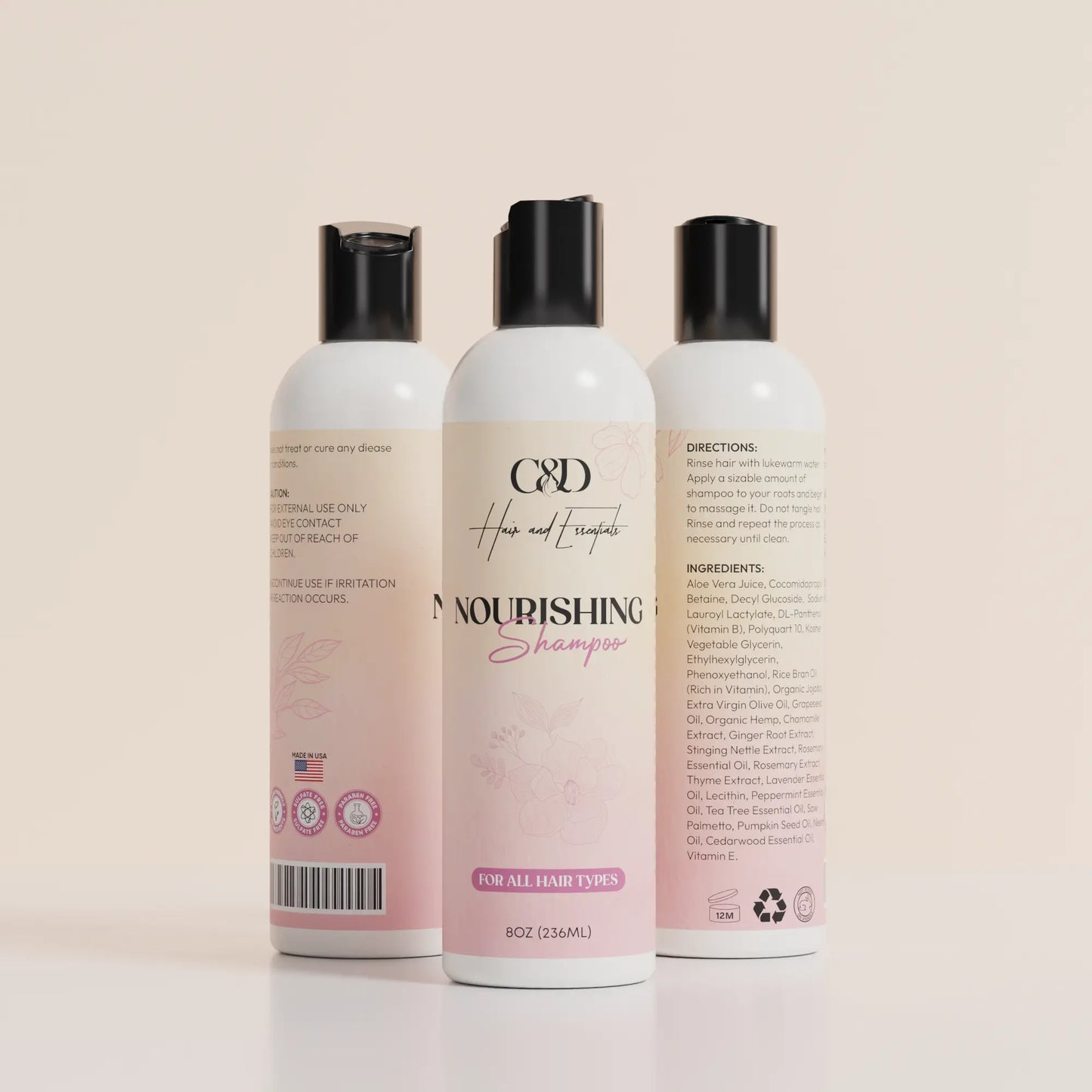 C&D Nourishing Shampoo bottle for all hair types, infused with herbs and oils