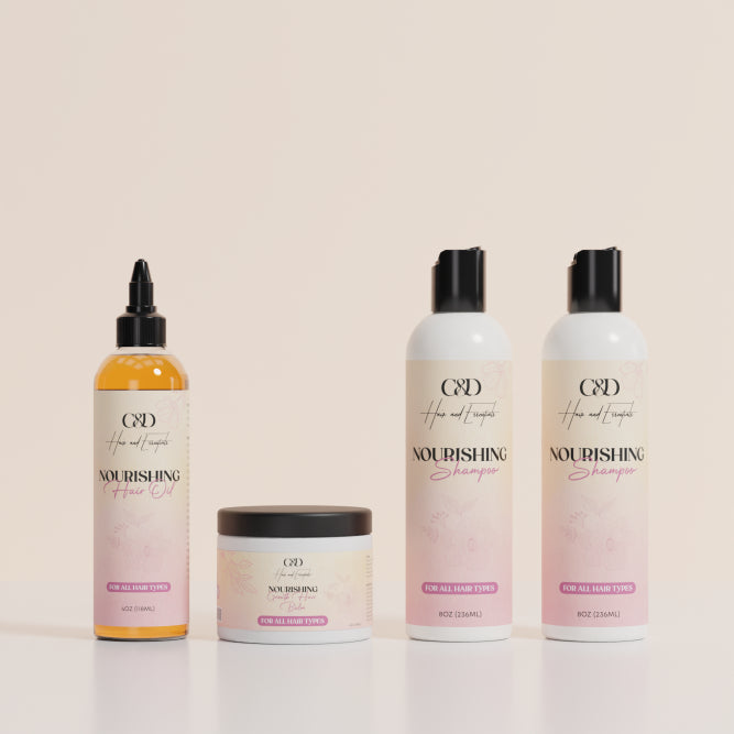 C&D Hair Care Bundle with one bottle each of shampoo, conditioner, hair oil, and a jar of hair balm