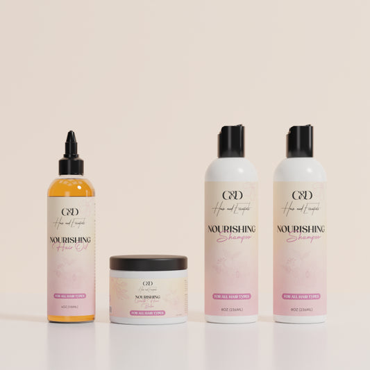 C&D Hair Care Bundle with one bottle each of shampoo, conditioner, hair oil, and a jar of hair balm