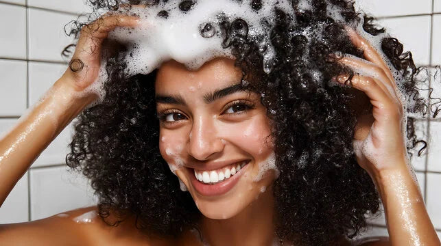 Woman with curly hair covered in soap suds, smiling in a bathroom setting.